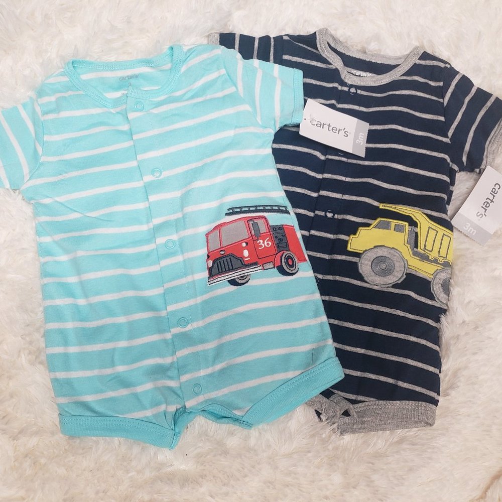 NEW Carter's Snap-Up Cotton Romper Dump Truck & Firetruck Stripe